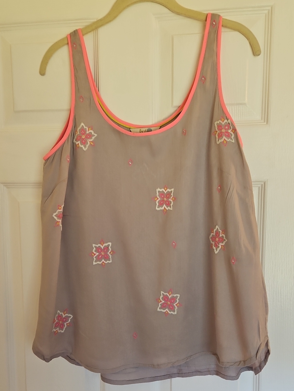 Boden Grey Camisole with Neon Pink Trim and Floral Embroidery